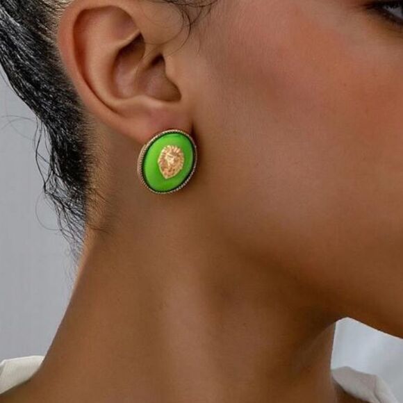 Green and Gold Lion Emblem Earrings - Picture 2 of 6